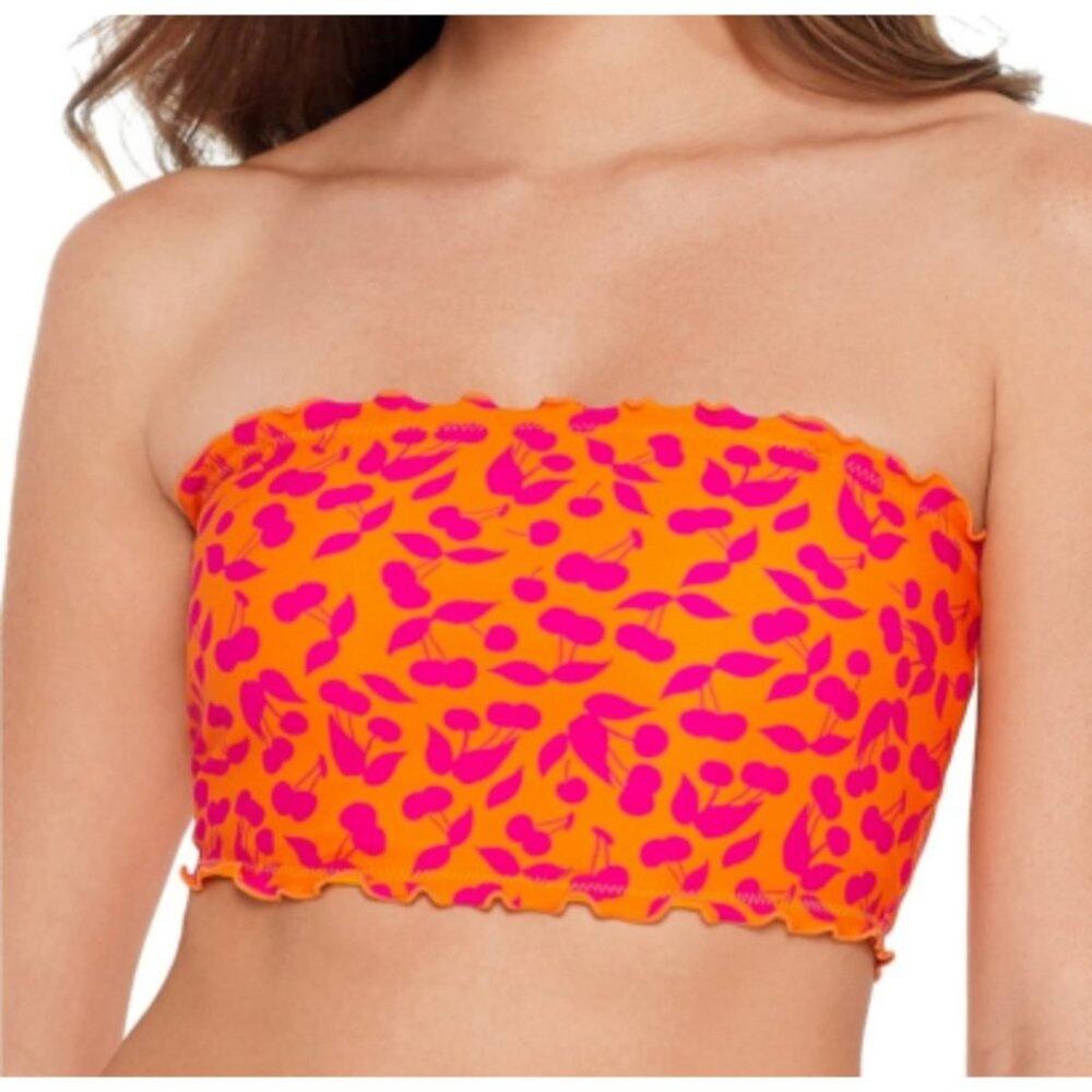 Salt + Cove Tangerine Cherry on Top Printed Smocked Bikini Swim Top Medium